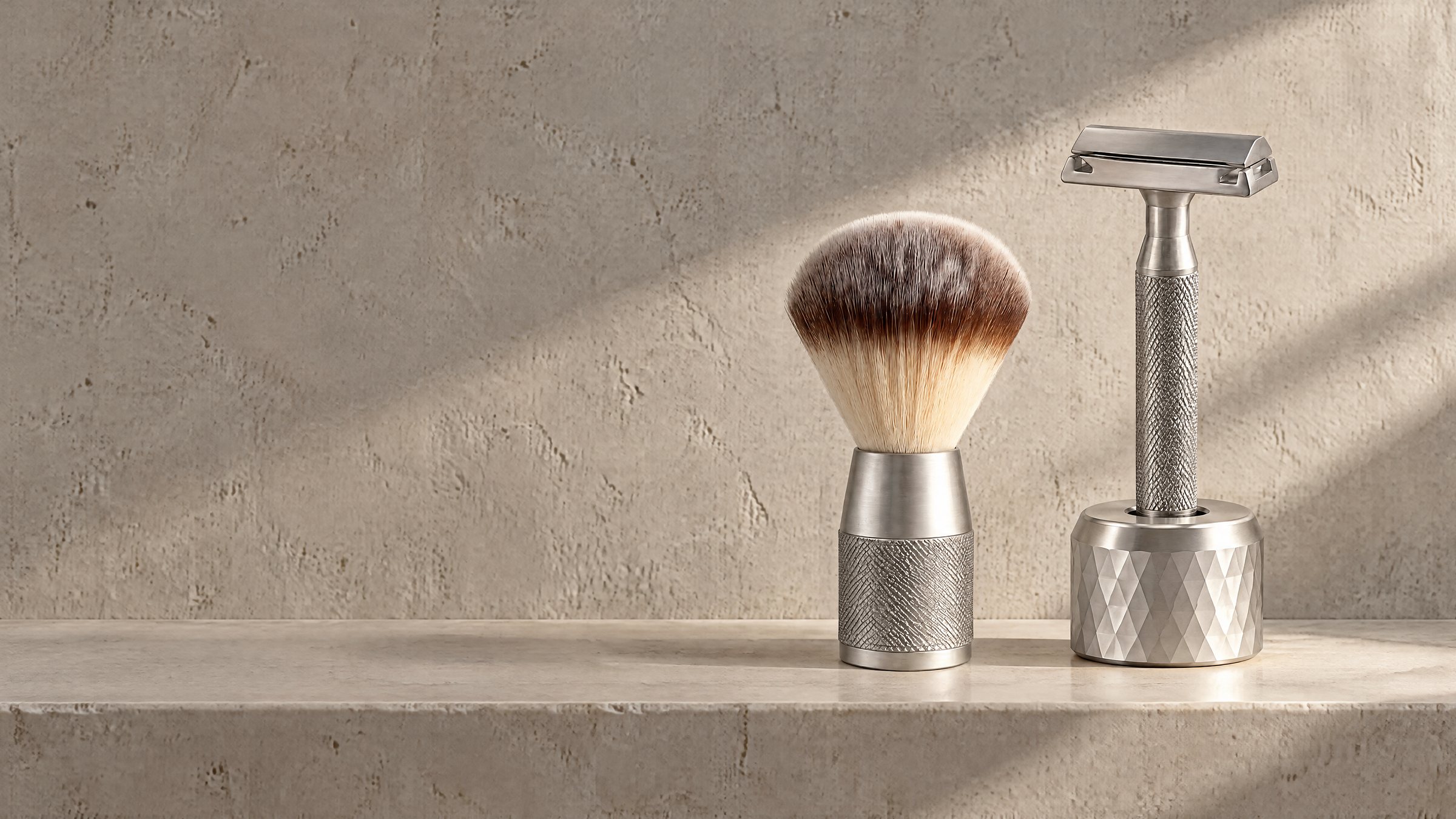 The silver razor in its stand and the silver brush on a stone shelf in the morning light