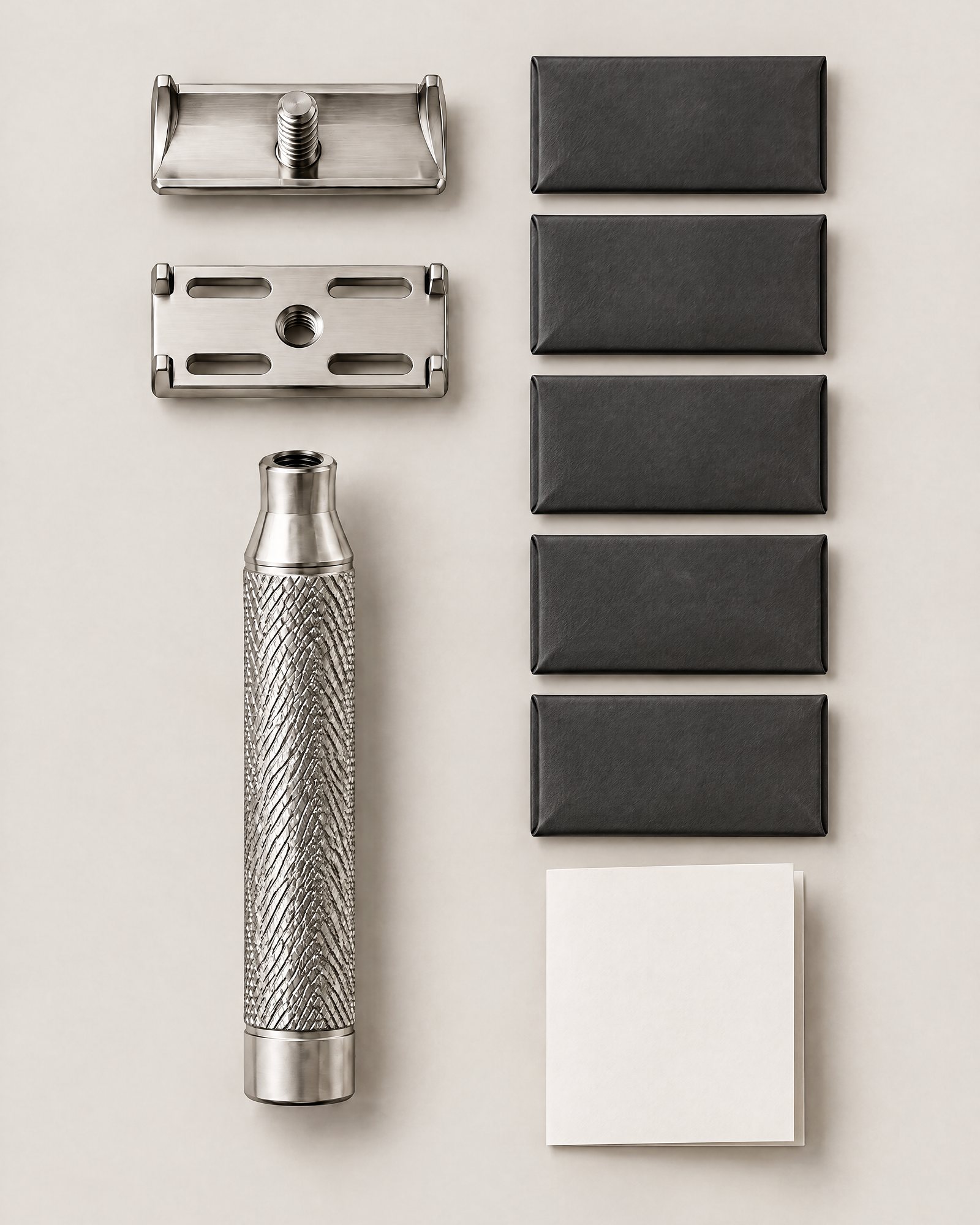 The razor in its three pieces, with its starter blades and the quick start guide