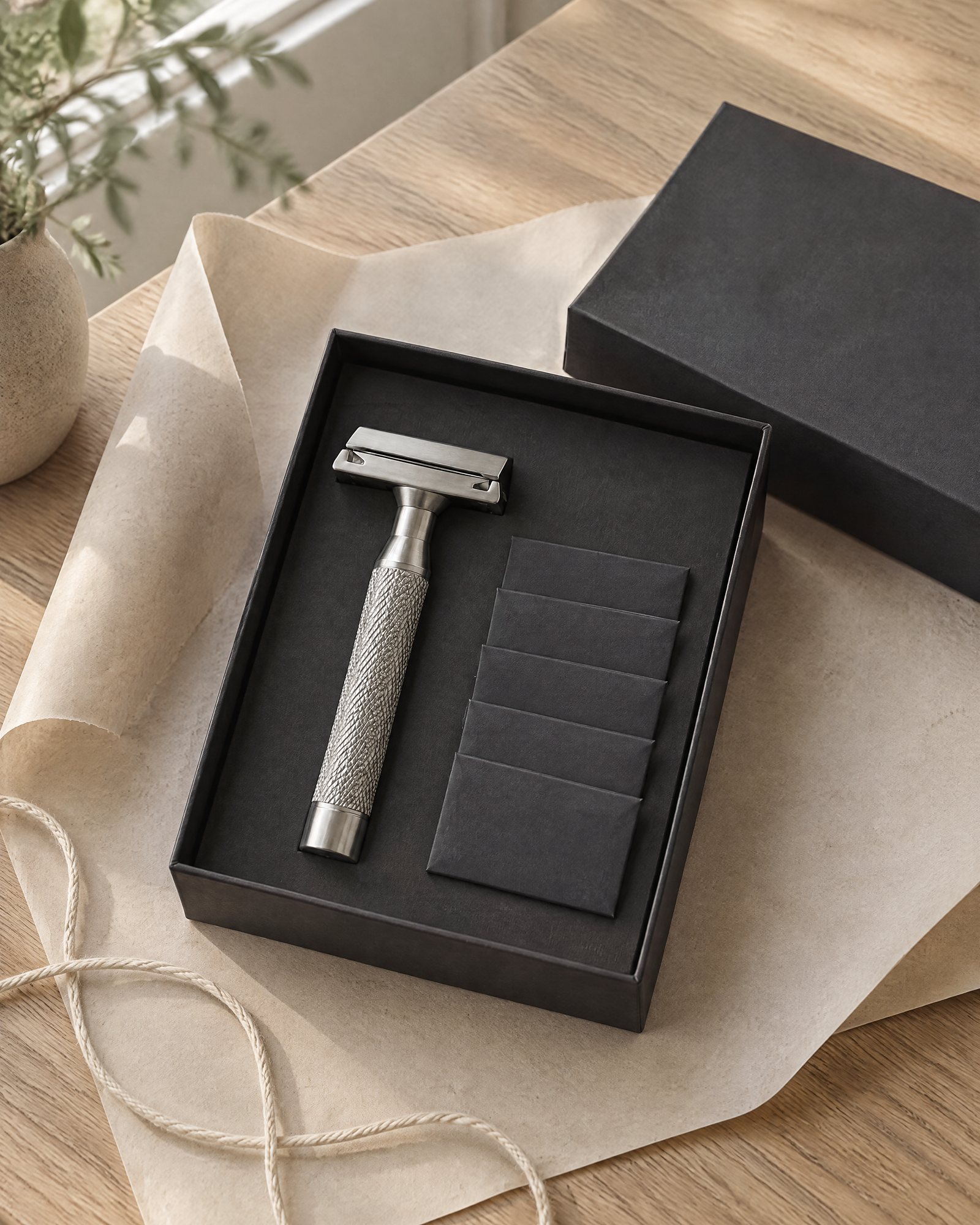 The silver razor and five plain blade wrappers in an open plain box, on wrapping paper
