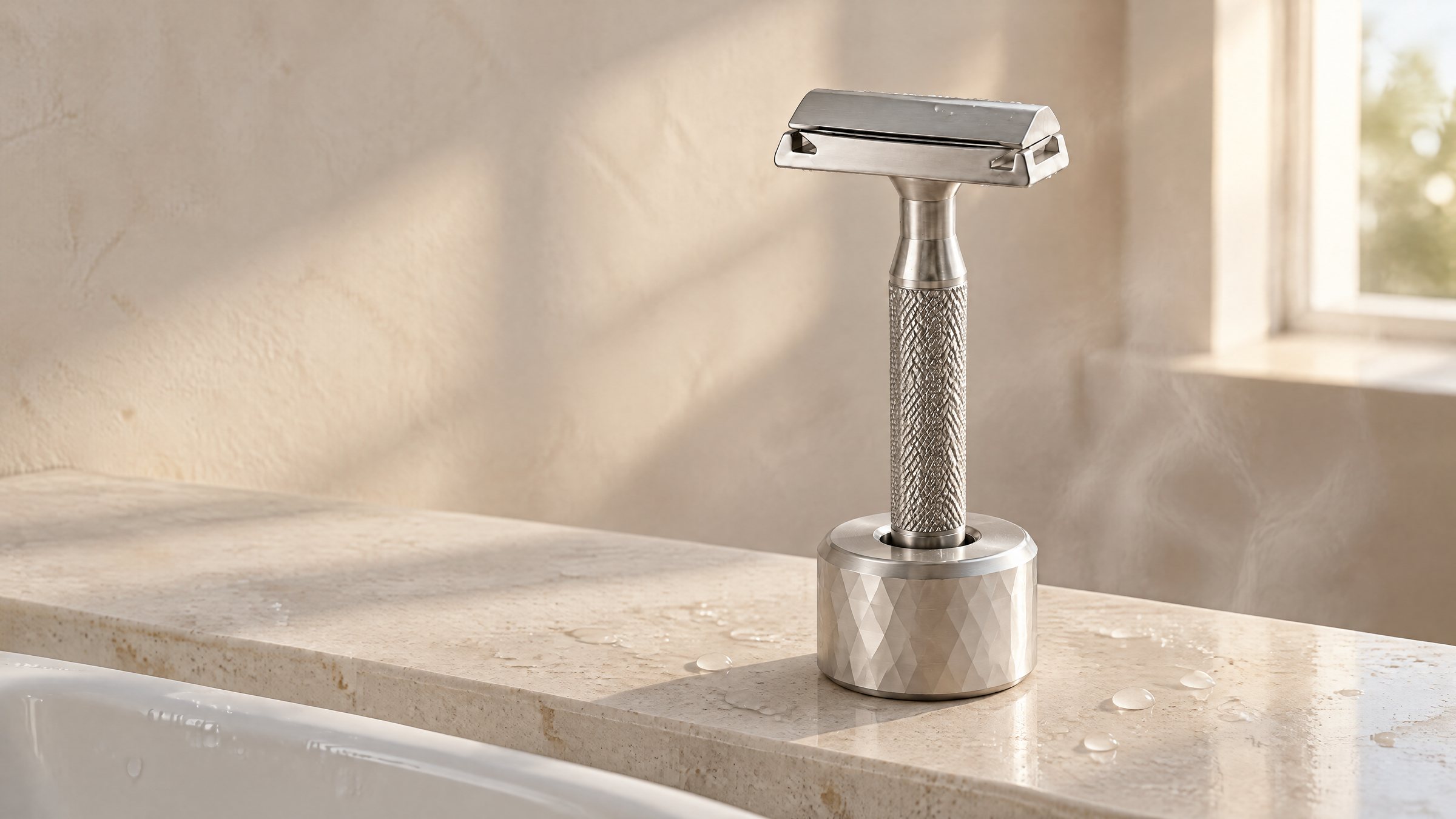 The silver KATA razor standing in its stand on a pale stone sink ledge in early morning light