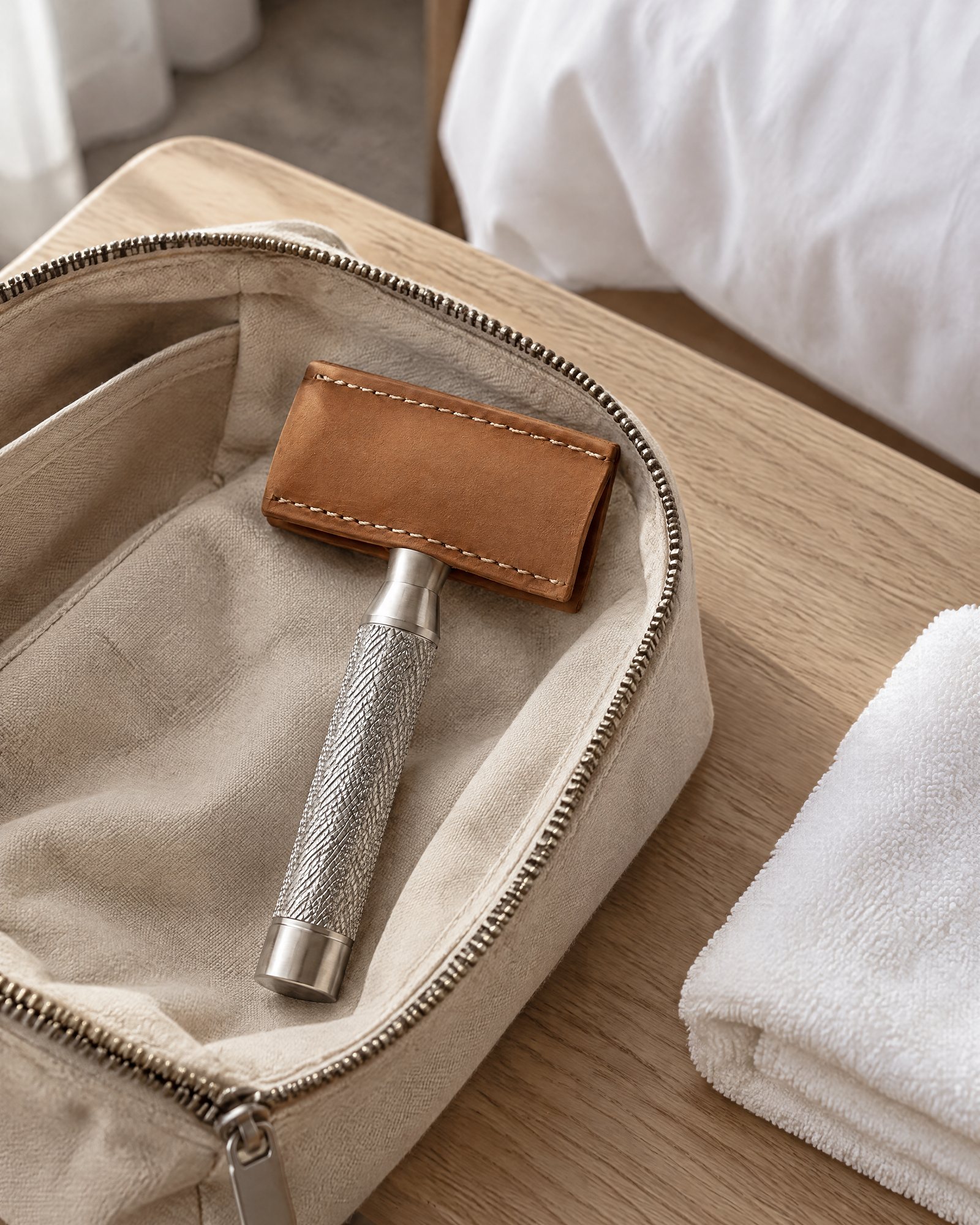 The silver razor in its tan sleeve on an open canvas toiletry bag, in a hotel room