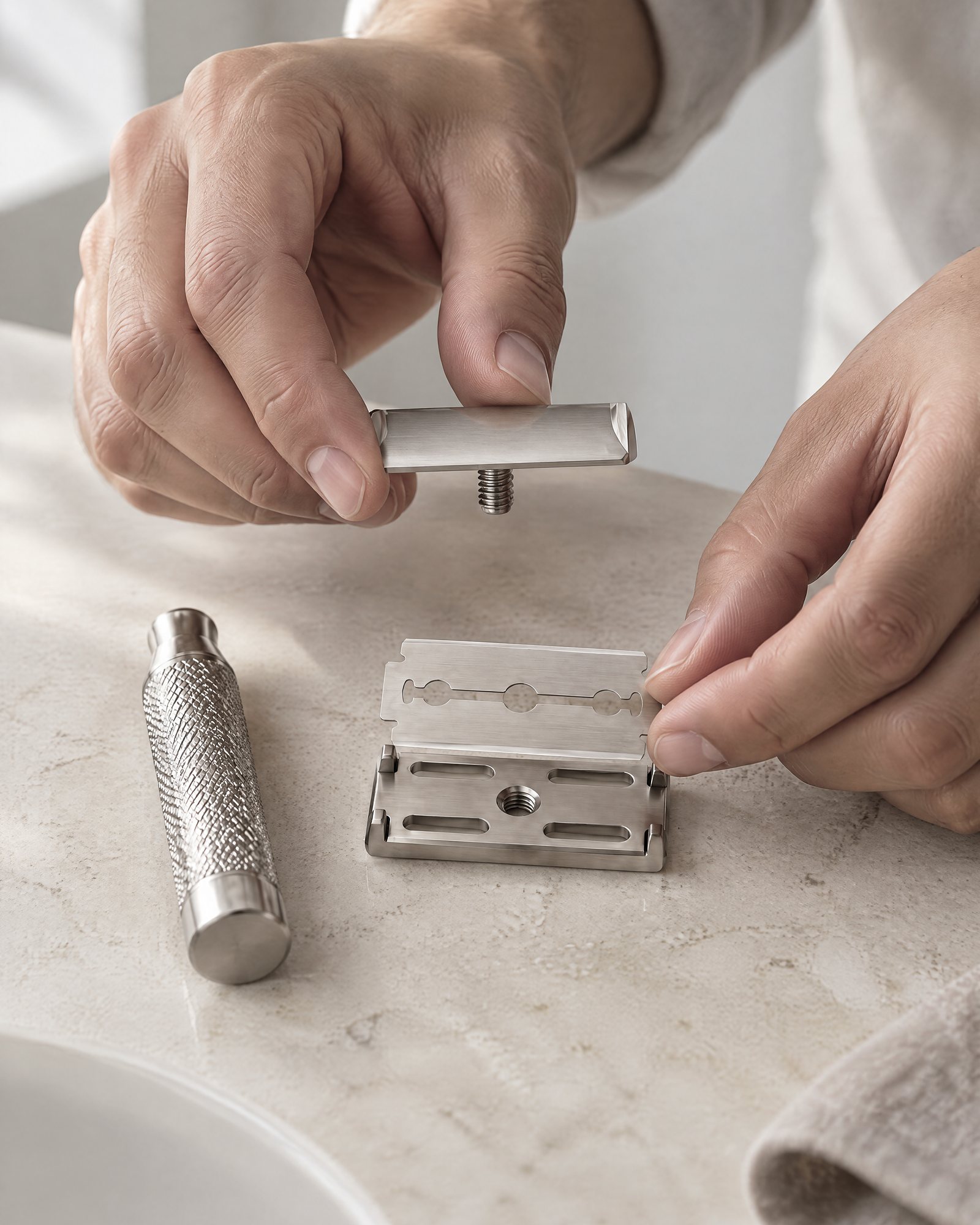 Placing a blade on the base plate of the open razor