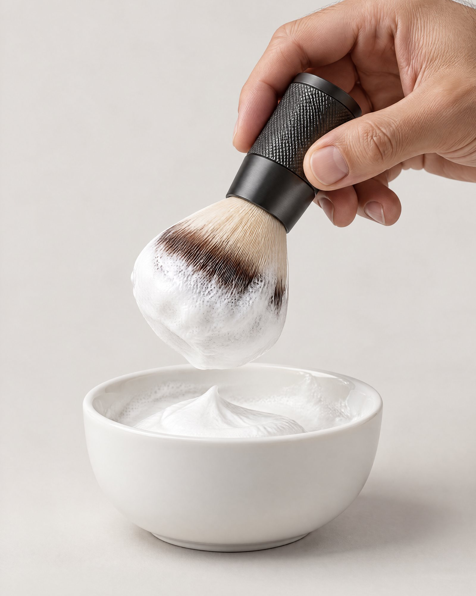 Shaving Brush, Graphite loaded with thick white lather above a bowl