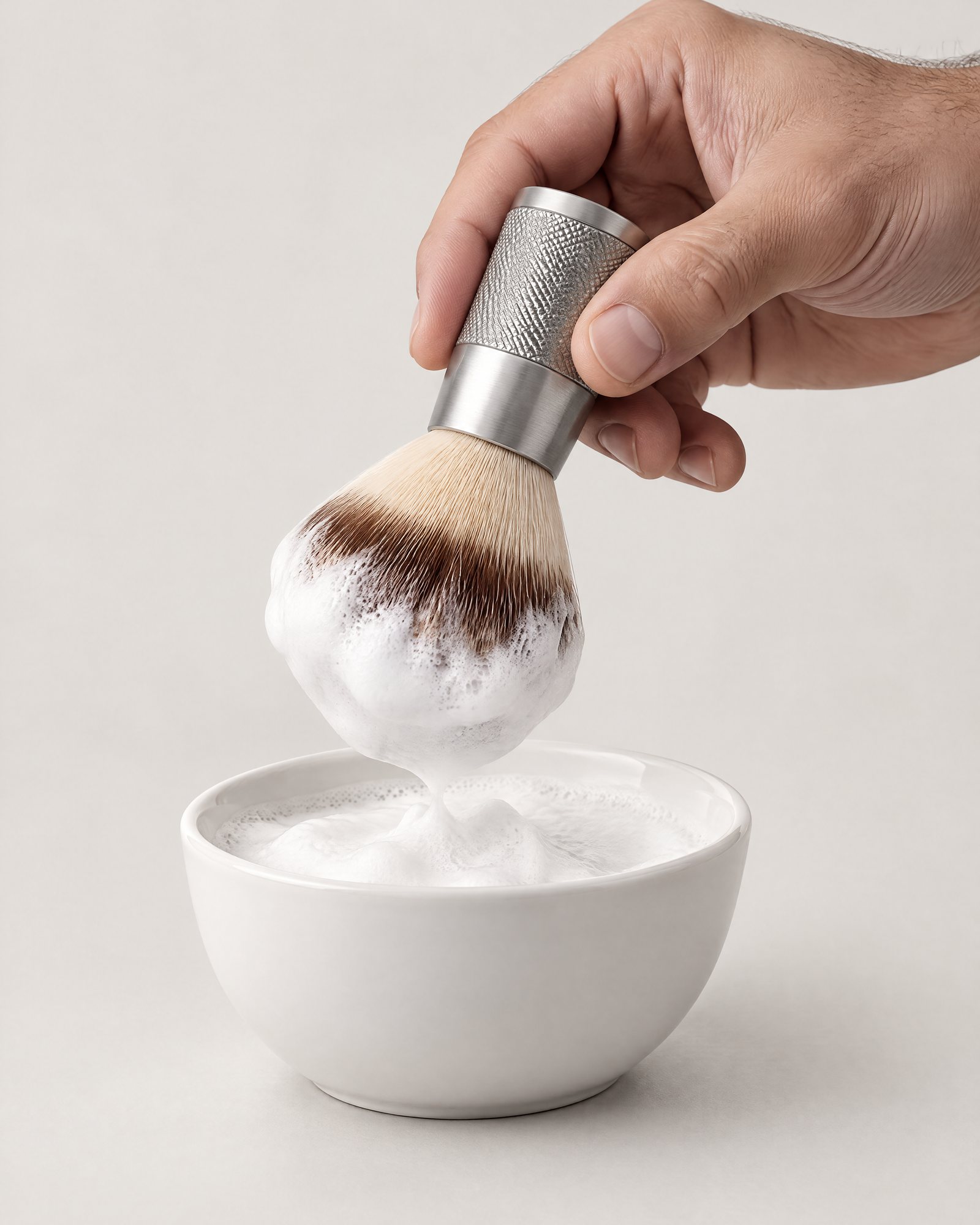 Shaving Brush, Silver loaded with thick white lather above a bowl
