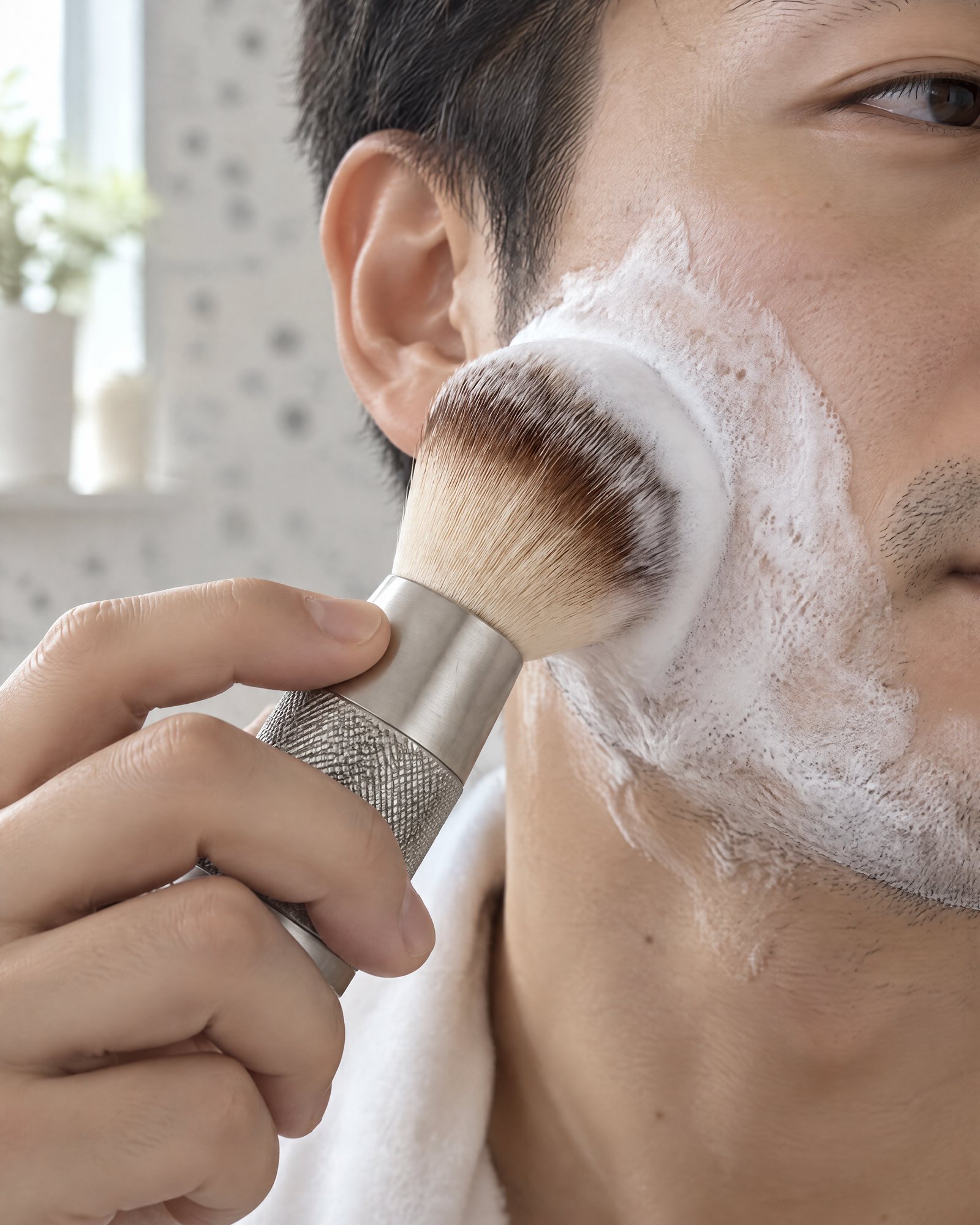 Lathering the cheek with the Shaving Brush, Silver