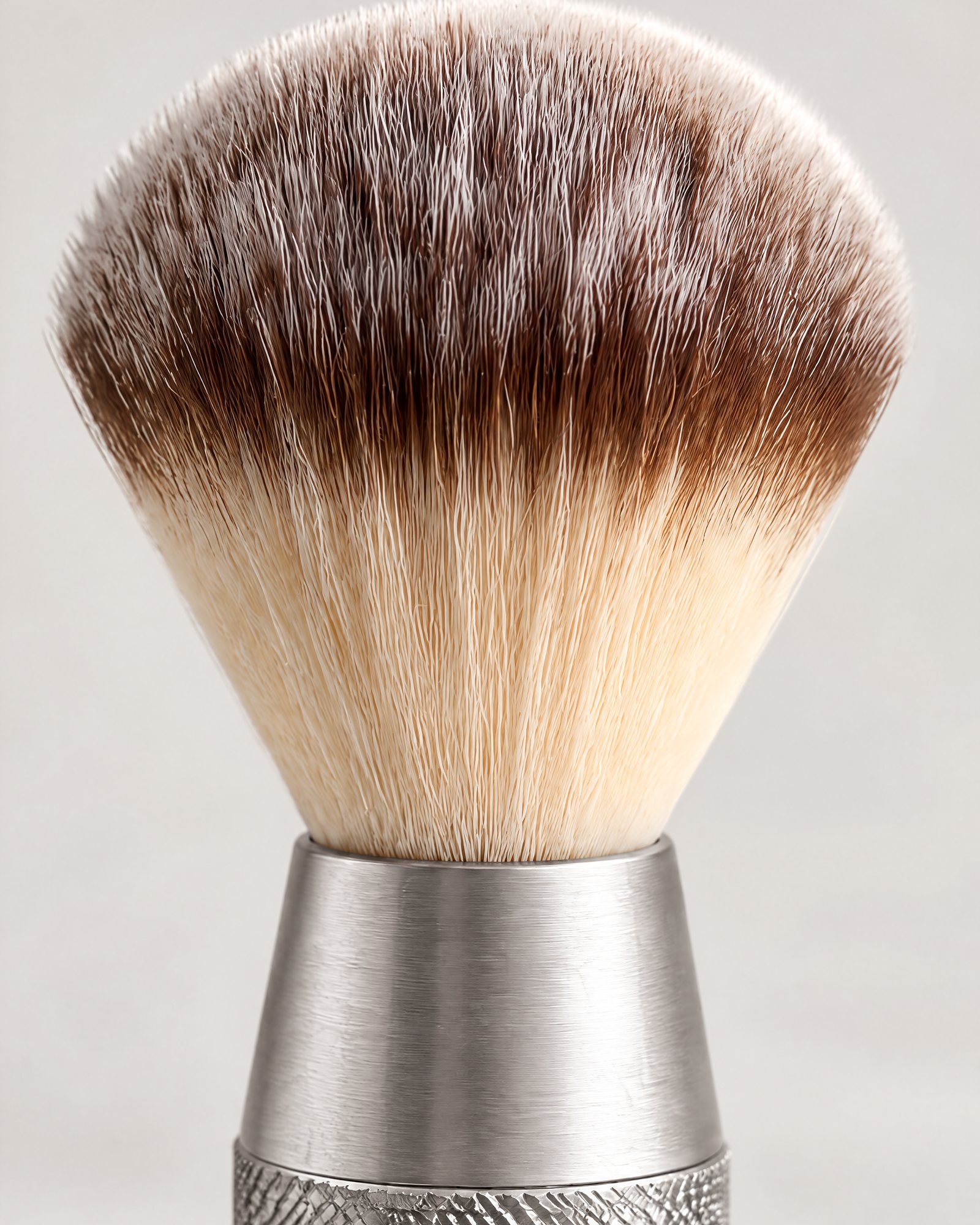 Close-up of the fibers and the knurled handle of the Shaving Brush, Silver