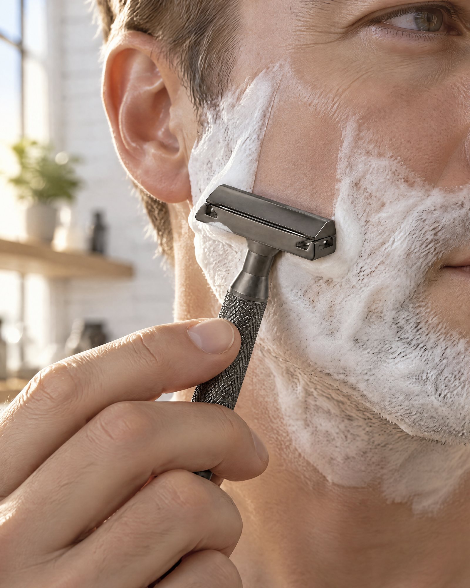 Shaving with the Safety Razor, Graphite, laid almost flat on a lathered cheek