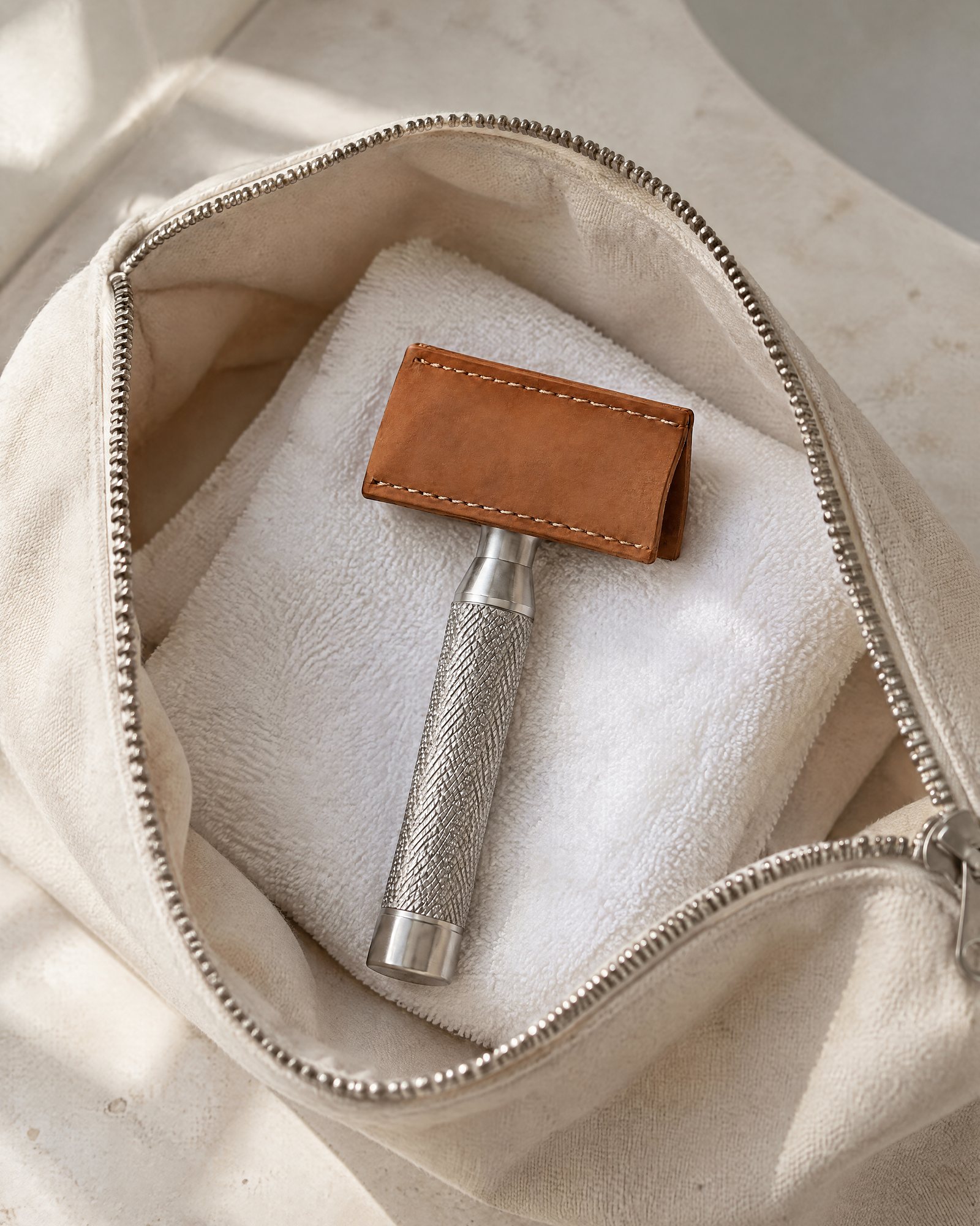 The razor in its sleeve, packed in an open toiletry bag