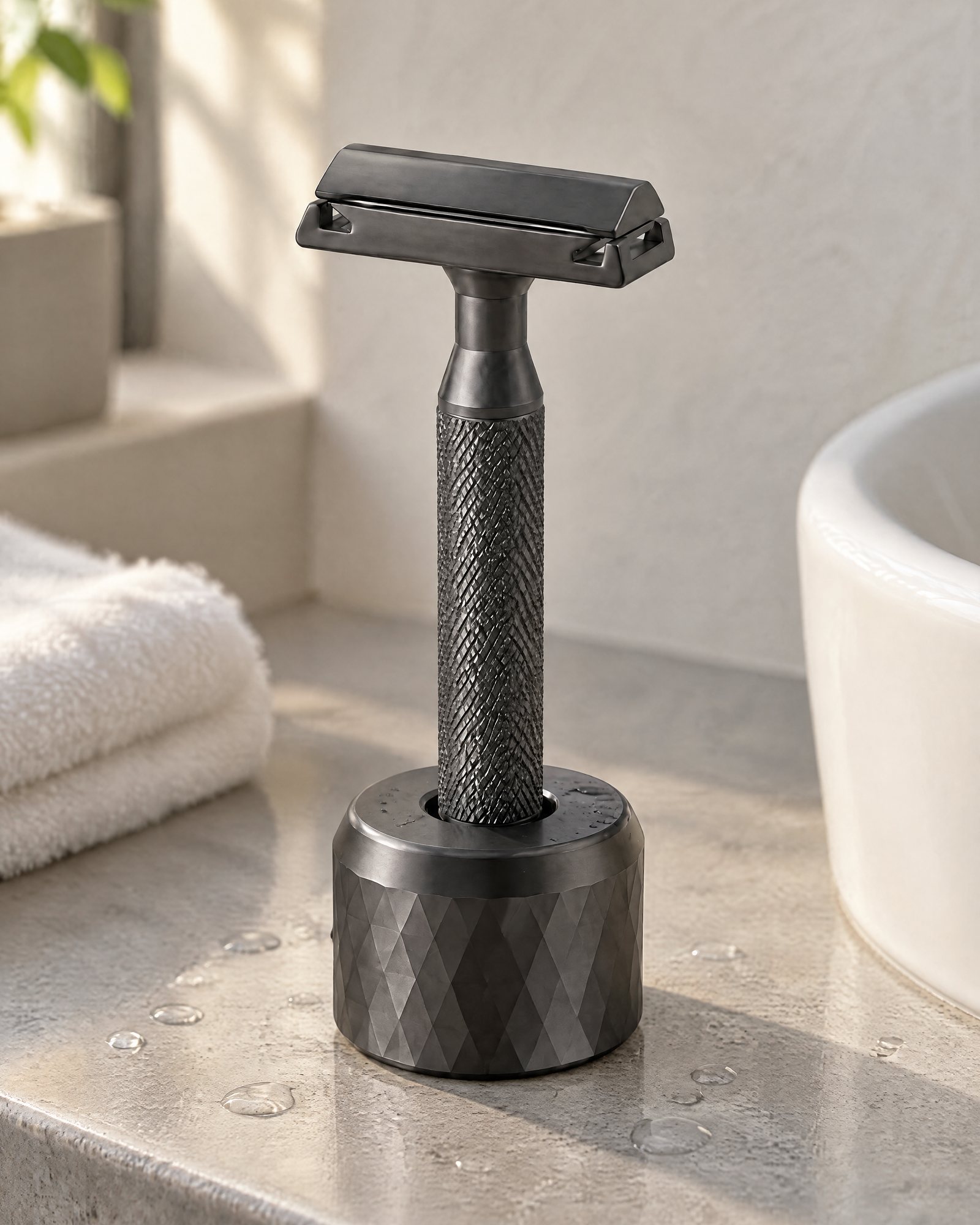 Razor Stand, Graphite with the razor on a stone sink ledge in the morning