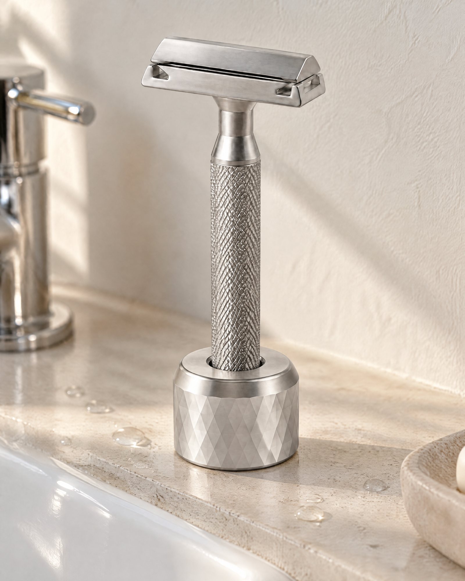 Razor Stand, Silver with the razor on a stone sink ledge in the morning